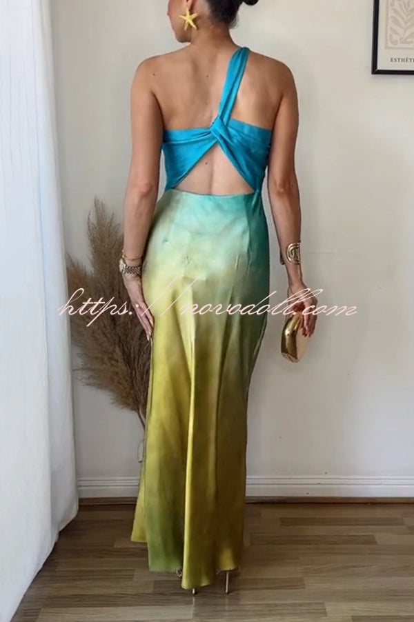Satin Ombre One Shoulder Backless Fitted Maxi Dress