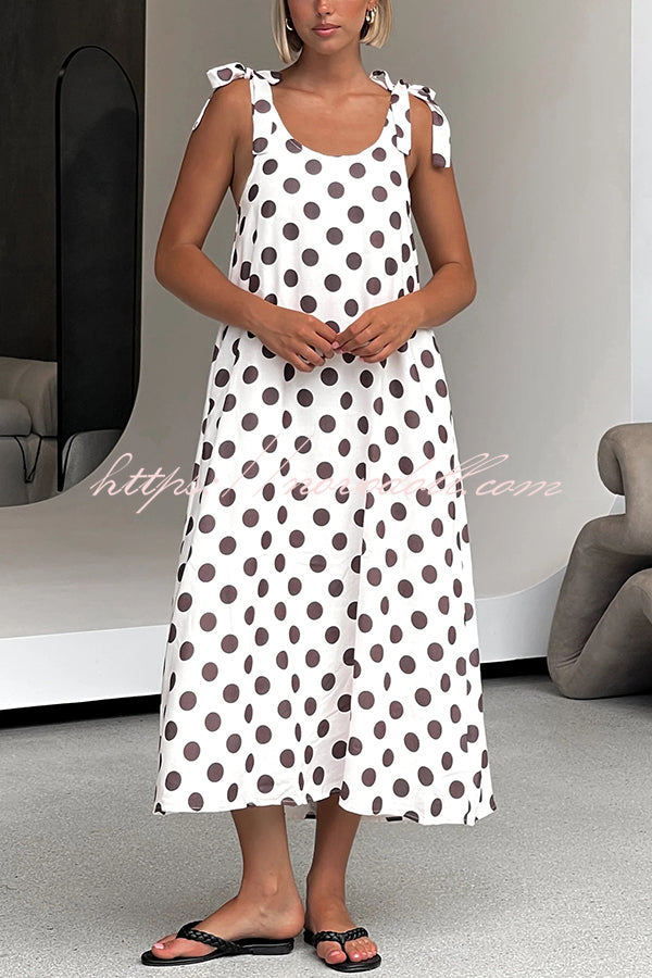 Polka Dot Print Suspenders Strappy Backless Loose Pocket Midi Dress