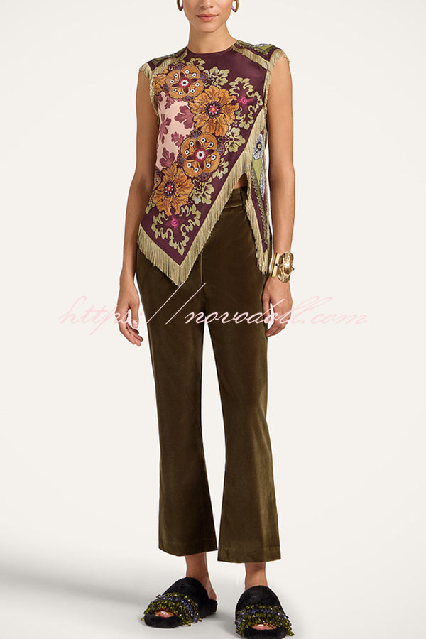 Stunning Floral Print Asymmetric Tassel Trim Scarf Top