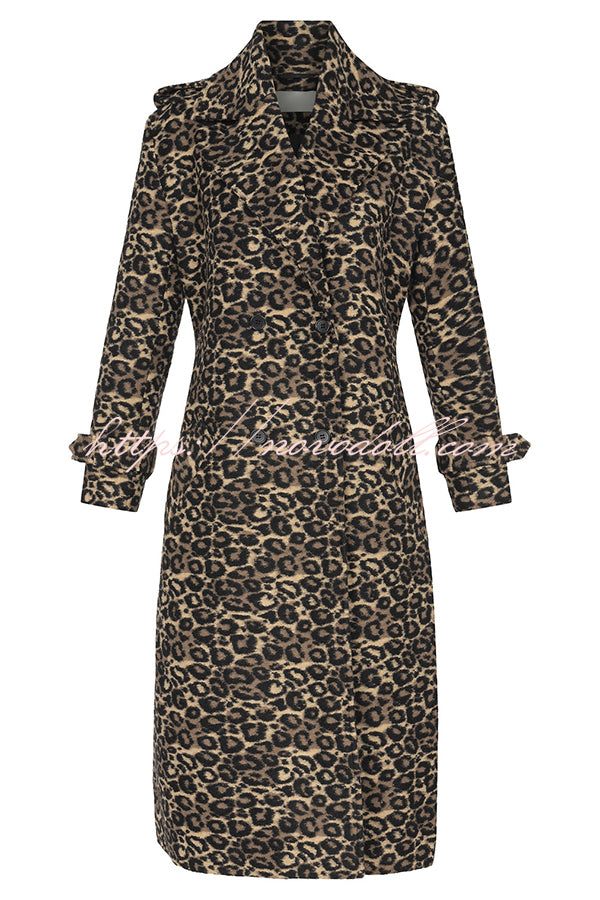 Leopard Affair Animal Print Epaulettes Long Sleeve Pocketed Lapel Midi Trench Coat