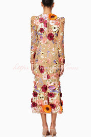 Dignified and Refined Charm Embroidered Floral Applique Long Sleeve Fish Tail Midi Dress