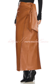 Snappy Casual Slay Faux Leather High Rise Wrap Tie-up Stretch Maxi Skirt