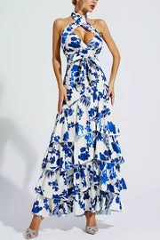 Gorgeous Styling Botanical Print Halter Neck Open Back Tiered Hem Maxi Dress