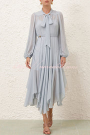 Elegant and Graceful Tie-up Neck Long Balloon Sleeve Handkerchief Midi Dress
