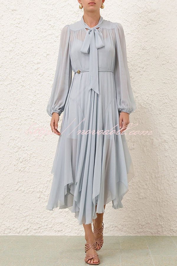 Elegant and Graceful Tie-up Neck Long Balloon Sleeve Handkerchief Midi Dress