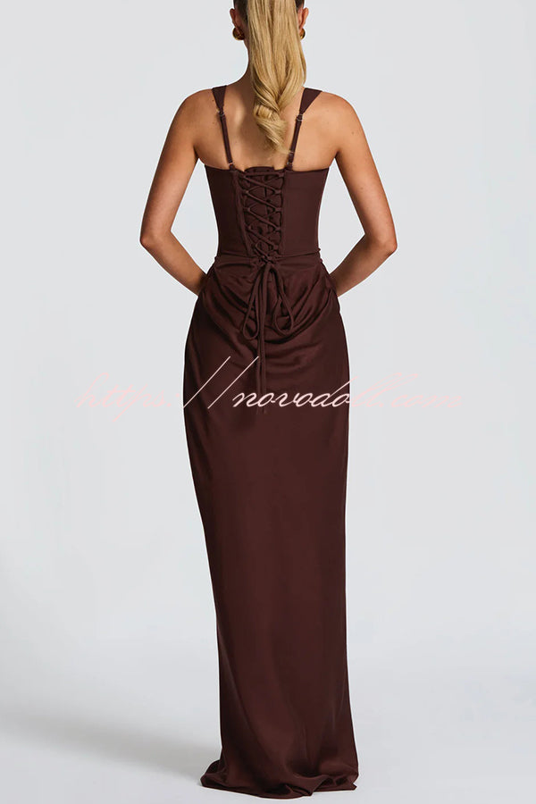Larrah Square Neck Back Lace-up Satin Drape Hem Maxi Dress