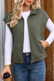 Solid Waffle Sleeveless Zipper Pocket Casual Vest
