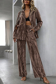 Solid Color Velvet Loose Long-sleeved Top and Elastic Waist Pocket Casual Straight-leg Pants Set