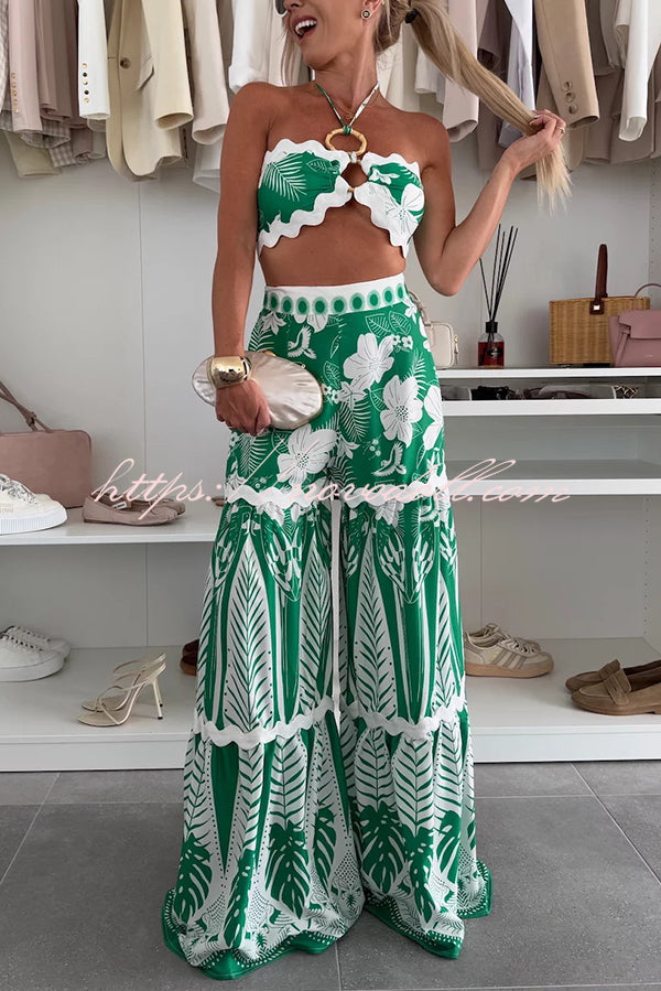 Cassie Ric Rac Trims Unique Print Halter Ring Tank and High Rise Wide Leg Pants Set