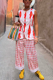 Good Luck Linen Blend Koi Pattern High Rise Elastic Waist Loose Pants
