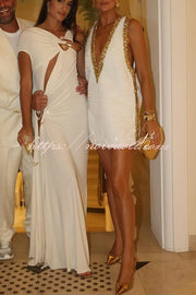 Cocktail Charm Sequin Colorblock Trim V-neck Sleeveless A-line Mini Dress