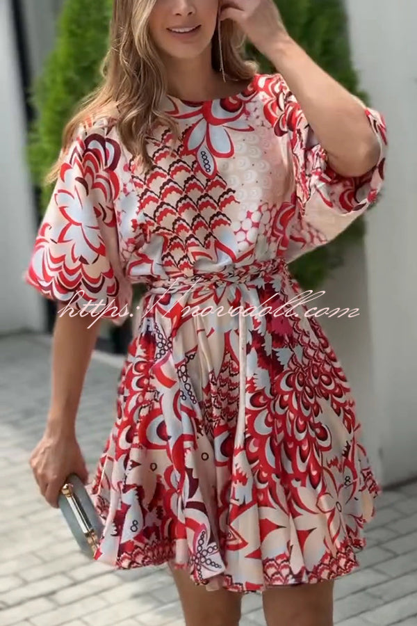 Unique Printed Round Neck Short Sleeve Waist Tie Vacation Mini Dress