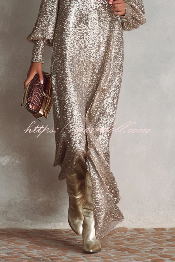 Minimalist Sparkling Sequin V-neck Long Balloon Sleeve Slit Party Maxi Dress