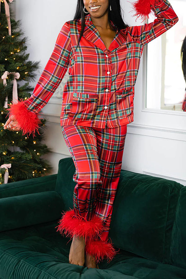 Christmas Besties Party Printed Feather Trim Elastic Waist Pocketed Pajama Set