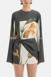 Constance Floral Print Twist Waist Long Sleeve Lightweight Mini Dress