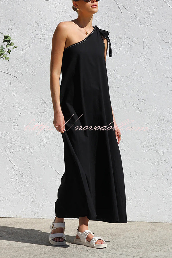 Solid Color One-shoulder Strappy Elegant Sloping Collar Loose Maxi Dress