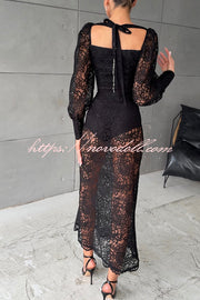 Timeless Moment Floral Lace Square Neck Button Up Balloon Sleeve Top