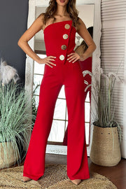 Solid Color Sexy Tube Top Gold Button Embellished Bootcut Jumpsuit