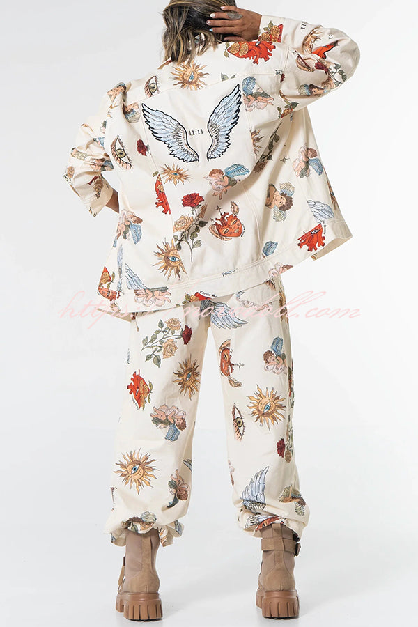 Angel Wings Denim Unique Print Button Up Long Sleeve Pocketed Relaxed Jacket