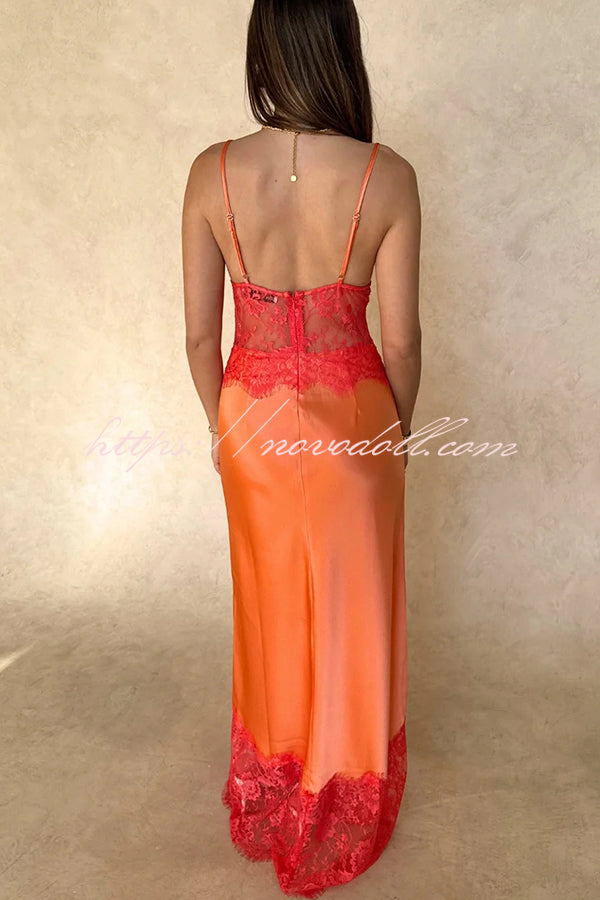 Elegant Evening Satin Lace Patchwork See-through Waist Slip Maxi Dress