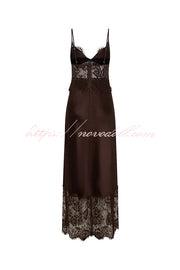 Elegant Evening Satin Lace Patchwork See-through Waist Slip Maxi Dress