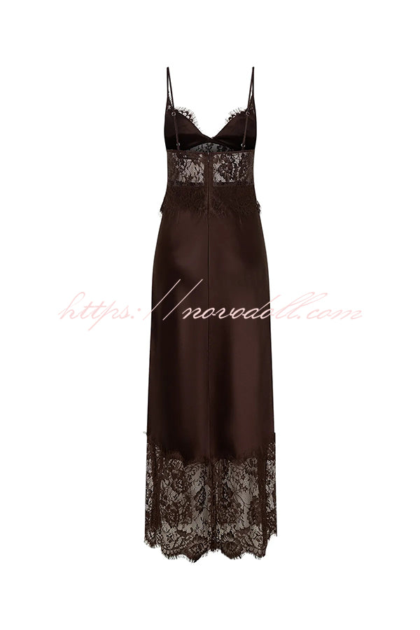 Elegant Evening Satin Lace Patchwork See-through Waist Slip Maxi Dress