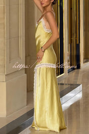 Sweet Trend Satin Lace Trim V-neck Slit Slip Maxi Dress