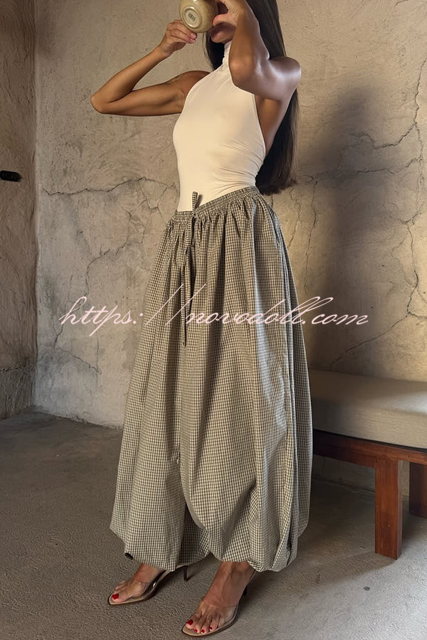 Fashion Plaid Print Elastic Waist Pocket Loose Wide-leg Pants