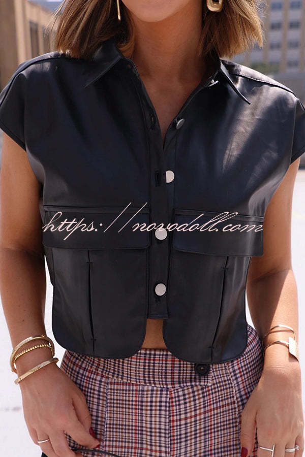 Fashion Faux Leather Pocket Sleeveless Cropped Jacket