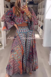 Unique Boho Ethnic Print Balloon Sleeve Crop Top and Elastic Waist Wide-leg Pants Set