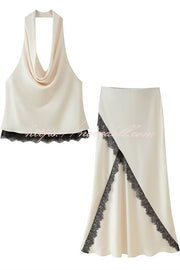 Iriena Satin Lace Trim Cowl Halter Neck Tank and Mid Rise Midi Skirt Set