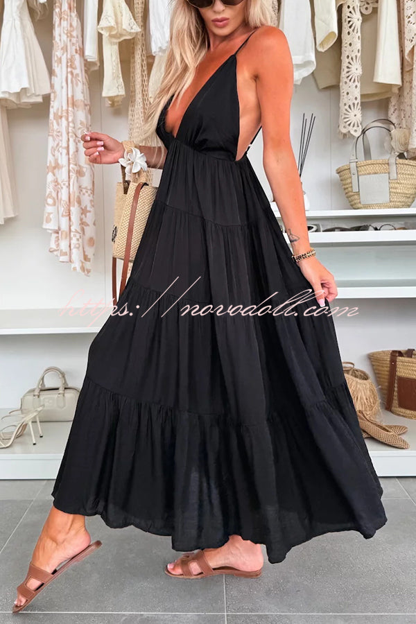 Bohemian Style V-neck Backless Slip Layered Vacation Maxi Dress