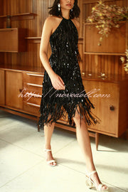 Sexy Sleeveless Halter Neck Tassel Sequin Mini Dress