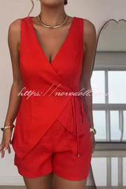 Solid Color Casual Sleeveless V-neck Top and Loose Shorts Set