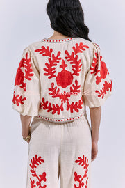 Till Sunset Linen Blend Unique Print Lace-up Puff Sleeve Shirt