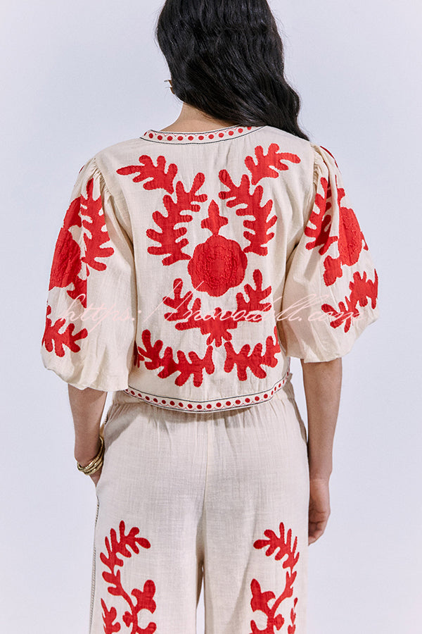 Till Sunset Linen Blend Unique Print Lace-up Puff Sleeve Shirt