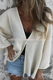 Solid Color V-neck Loose Long-sleeved Button Top