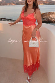 Elegant Evening Satin Lace Patchwork See-through Waist Slip Maxi Dress