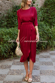 Satin Solid Color Round Neck Half Sleeve Waist Midi Dress