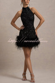 Dazzling and Playful Sequin High Neck Feather Trim Stretch Mini Dress