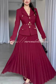 Solid Color Lapel Button Belt Blazer and Pleated Casual Maxi Skirt Set