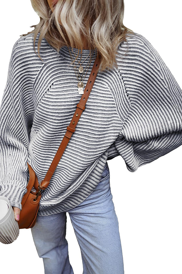 Knitted Striped Round Neck Dolman Sleeve Casual Loose Sweater