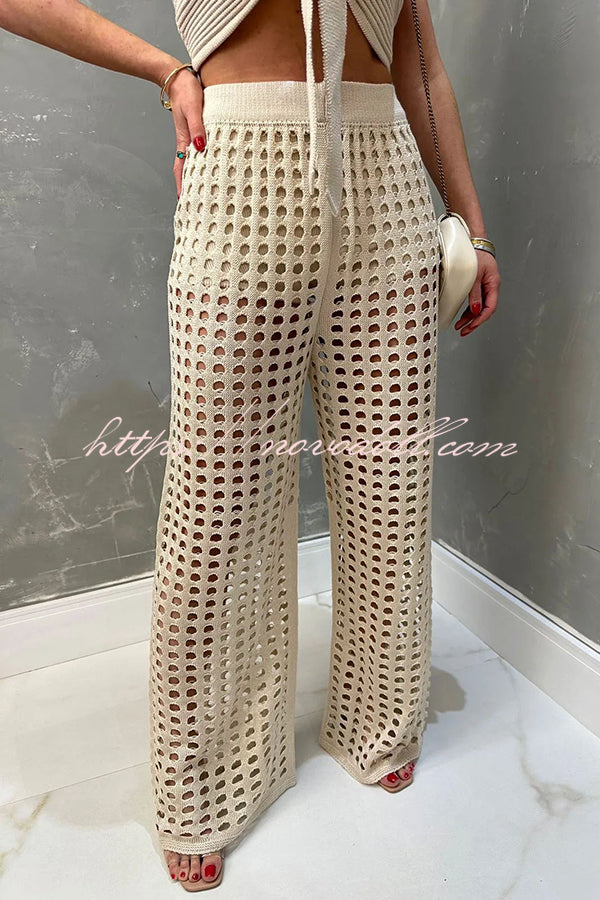 Riley Knit Front Knotted Bandeau and Stretch Hollow Out Wide Leg Pants Set