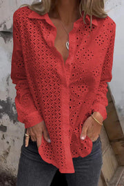 Solid Color Cutout Long-sleeved Loose Button-down Shirt