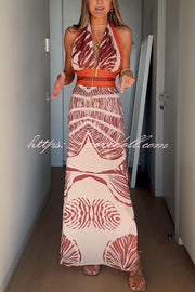 Vacay Bound Linen Blend Unique Botanical Print Halter Maxi Dress