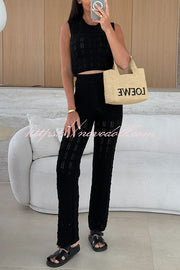 Solid Color Hollow Sleeveless Round Neck Knitted Vest and Stretch Casual Straight Pants Set