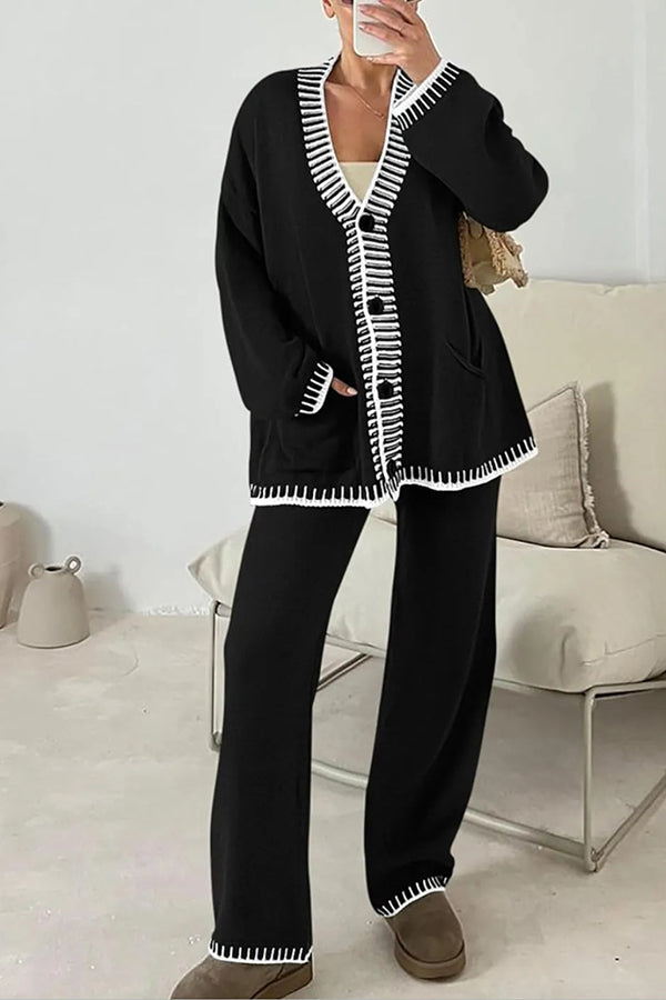 Fashion Casual Knitted Long Sleeve Pocket Cardigan and Elastic Waist Loose Wide Leg Pants Set