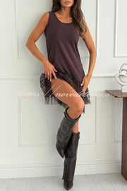 Breezy City Tulle Lace Tiered Hem Stretch Tank Mini Dress