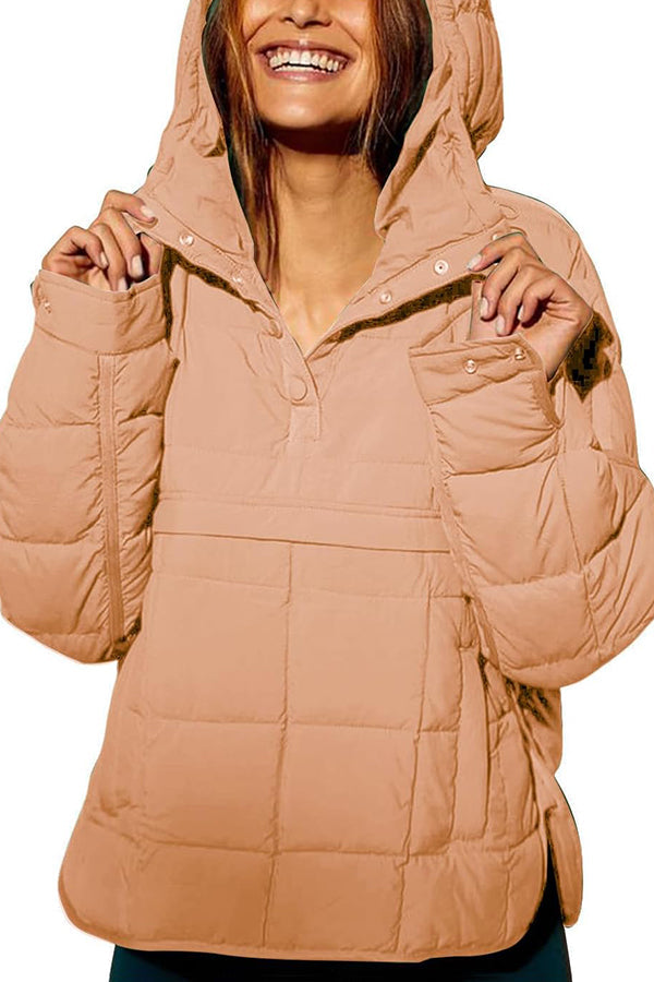 Solid Color Hooded Long-sleeved Loose Pocket Padded Top