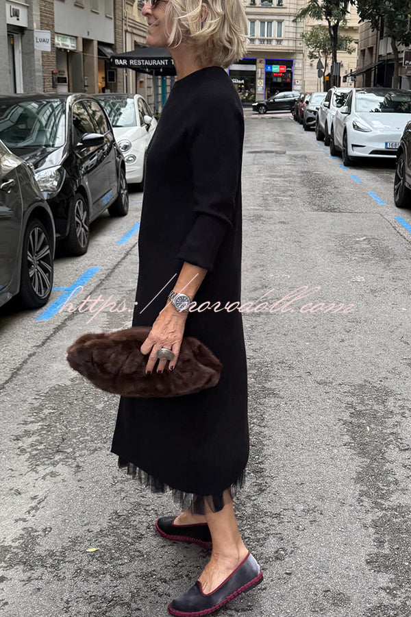 Jollie Knit Long Sleeve Front Slit Midi Sweater and Pleated Tulle Stretch Tank Midi Dress Two-piece Set